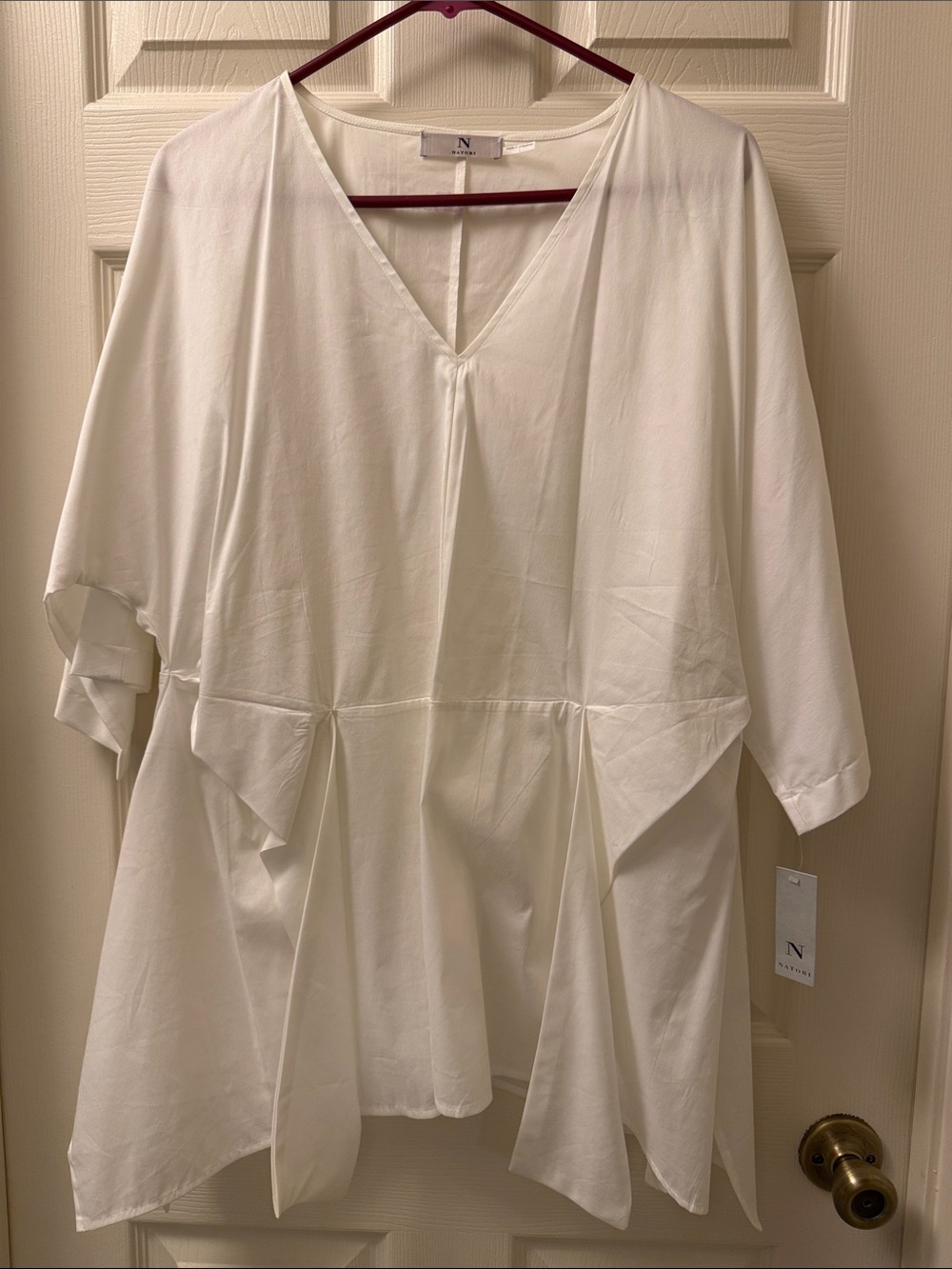 NWT Natori White V-Neck Peplum Blouse Top Size L